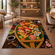 Sushi Boat Rug in a home office with wooden shelves