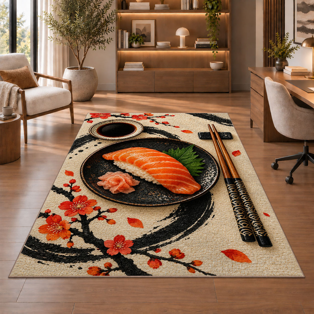 Minimalist Sushi Rug in a home office with wooden shelves