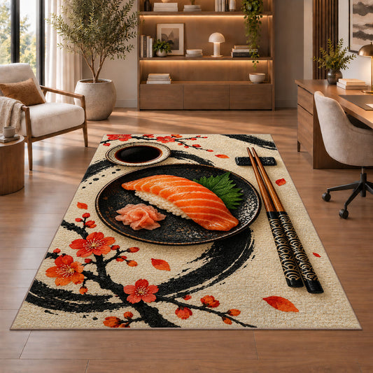 Minimalist Sushi Rug in a home office with wooden shelves