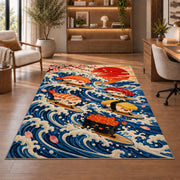 Surfing Sushi Rug in a home office with wooden shelves