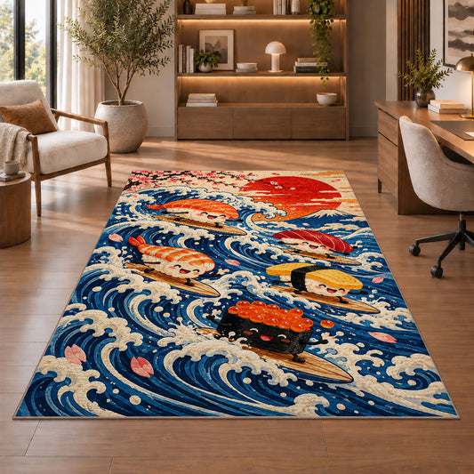 Surfing Sushi Rug in a home office with wooden shelves