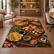 Japanese Feast Rug in a home office with wooden shelves