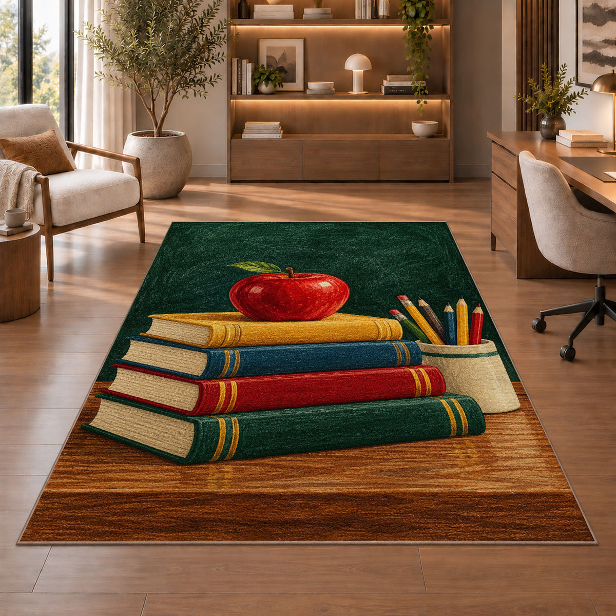 Teacher Apple Rug in a home office with wooden shelves