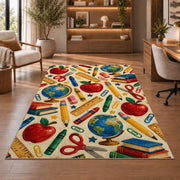 School Supplies Pattern Rug in a home office with wooden shelves