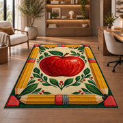 Pencil Frame Apple Rug in a home office with wooden shelves