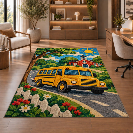 School Bus Rug in a home office with wooden shelves