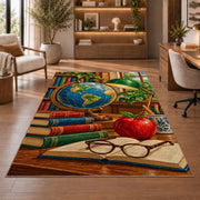 Vintage Globe Teacher Rug in a home office with wooden shelves