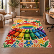 Crayon Rainbow Rug in a home office with wooden shelves