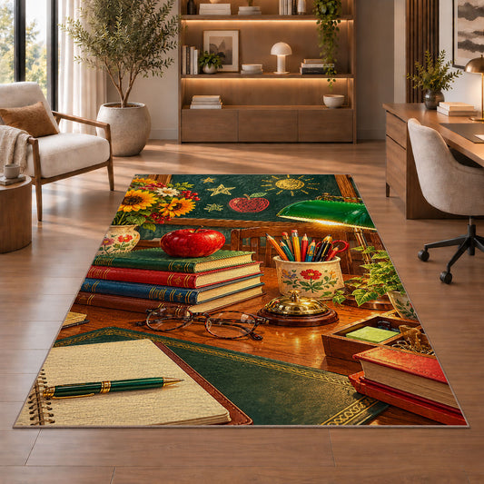 Teacher Desk Rug in a home office with wooden shelves