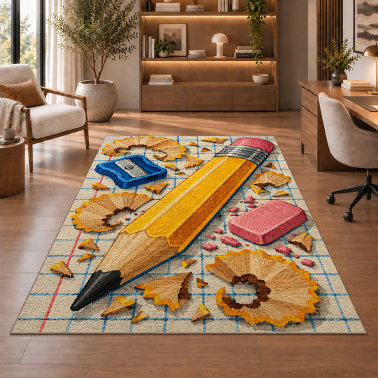 Giant Pencil Rug in a home office with wooden shelves