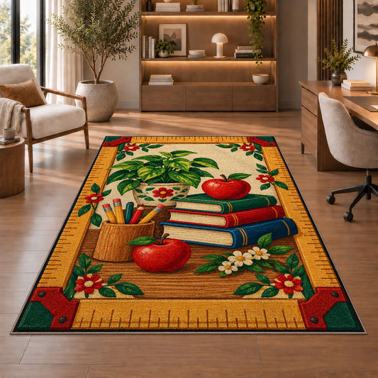 Ruler Border Teacher Rug in a home office with wooden shelves
