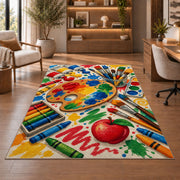 Art Teacher Rug in a home office with wooden shelves
