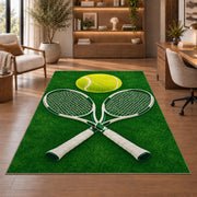 Tennis Rackets and Ball Rug in a home office with wooden shelves