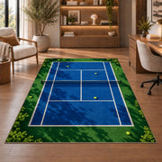 Tennis Court Rug in a home office with wooden shelves