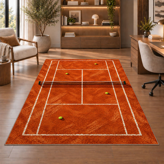 Clay Tennis Court Rug in a home office with wooden shelves