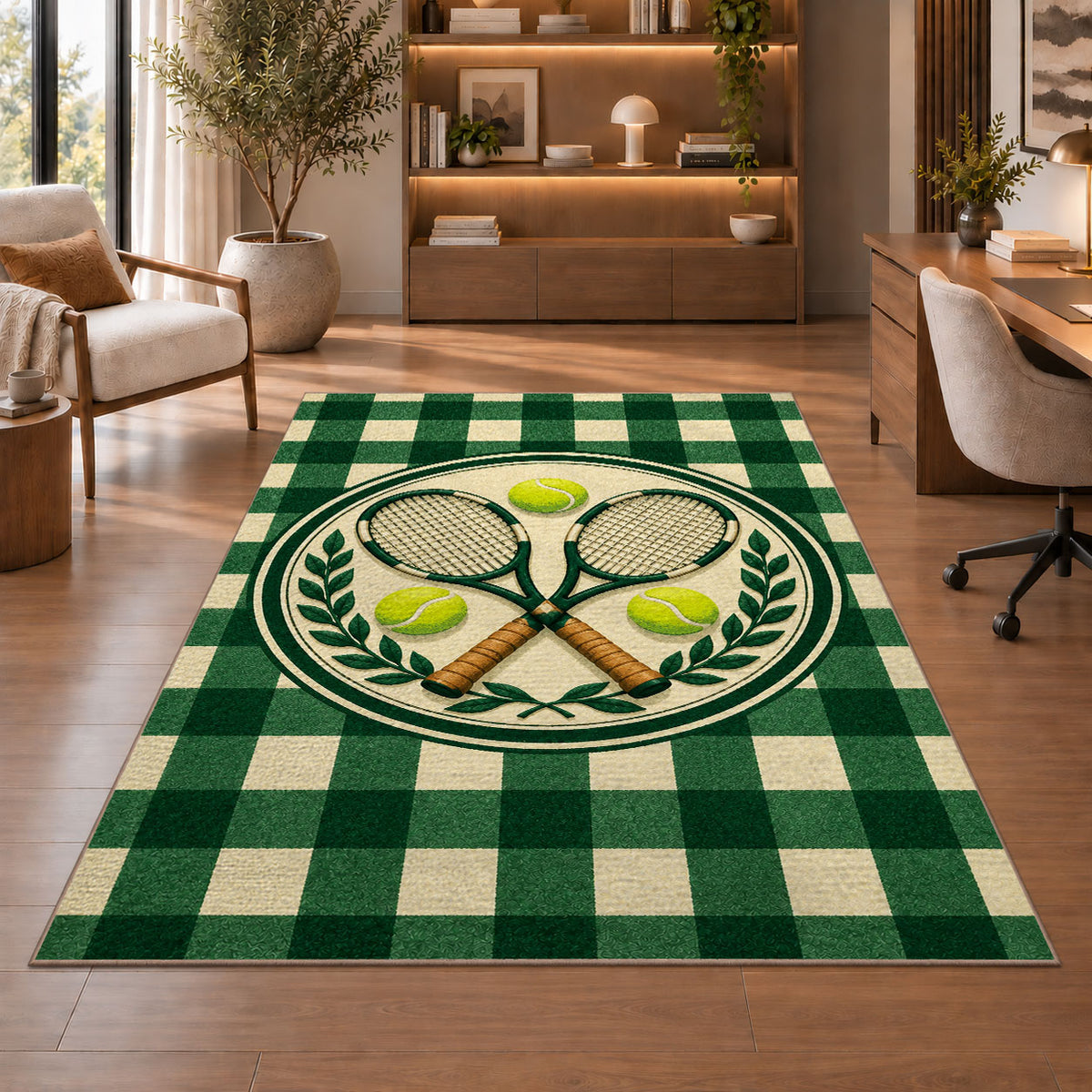 Tennis Club Rug in a home office with wooden shelves