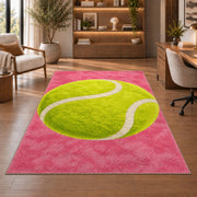 Giant Tennis Ball Rug in a home office with wooden shelves
