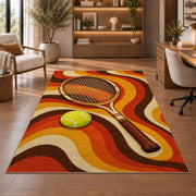 Retro Tennis Rug in a home office with wooden shelves