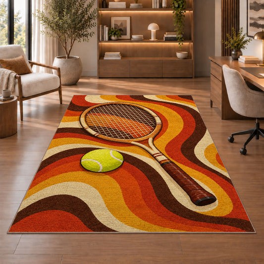 Retro Tennis Rug in a home office with wooden shelves