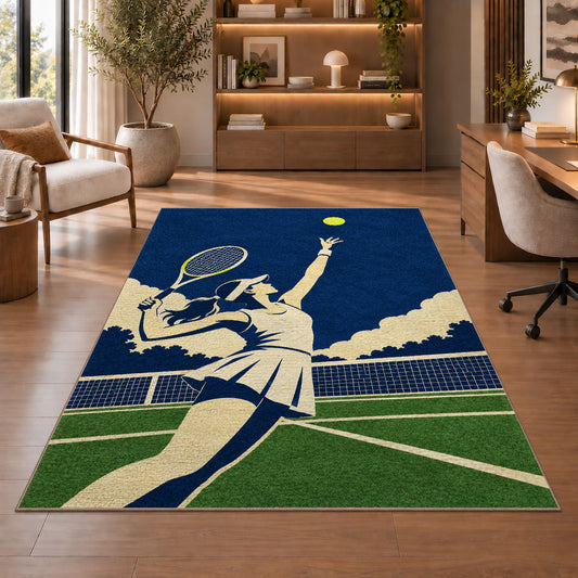 Tennis Player Serve Rug in a home office with wooden shelves