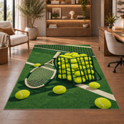 Tennis Ball Basket Rug in a home office with wooden shelves