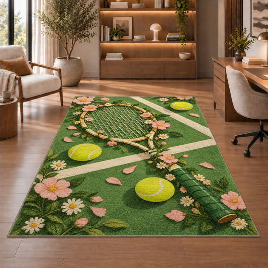 Floral Tennis Racket Rug in a home office with wooden shelves
