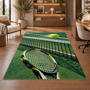 Tennis Net Rug in a home office with wooden shelves