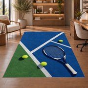 Blue Hard Court Tennis Rug in a home office with wooden shelves