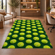 Tennis Ball Pattern Rug in a home office with wooden shelves