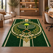 Vintage Tennis Crest Rug in a home office with wooden shelves
