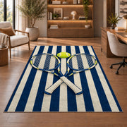 Preppy Stripe Tennis Rug in a home office with wooden shelves