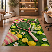 Summer Tennis Rug in a home office with wooden shelves
