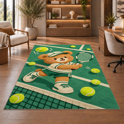 Baby Bear Tennis Rug in a home office with wooden shelves