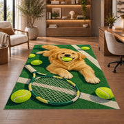 Dog with Tennis Ball Rug in a home office with wooden shelves