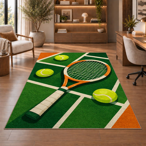 Geometric Tennis Rug in a home office with wooden shelves