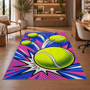 Pop Art Tennis Ball Rug in a home office with wooden shelves