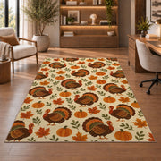 Turkey and Pumpkin Pattern Rug in a home office with wooden shelves