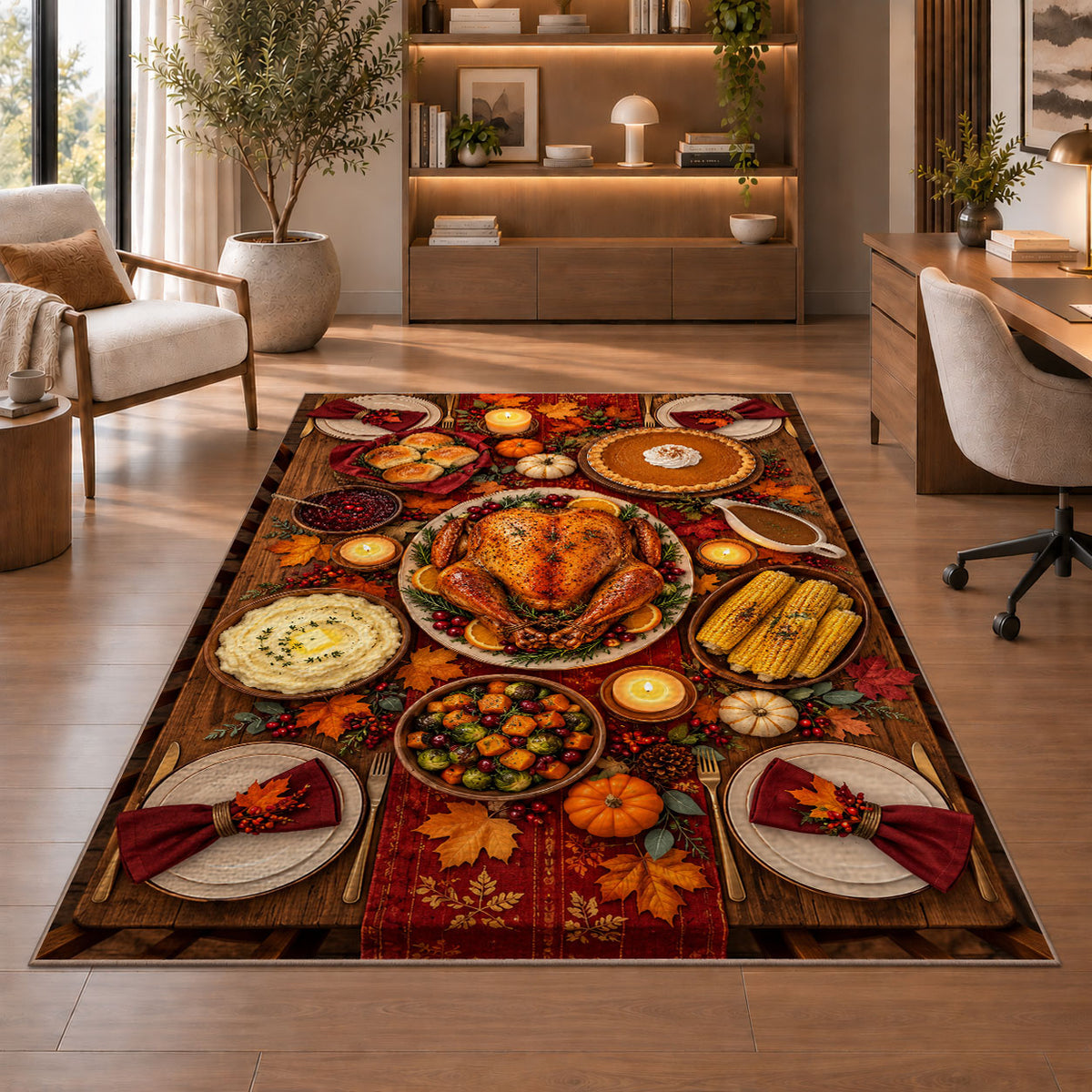 Thanksgiving Dinner Table Rug in a home office with wooden shelves