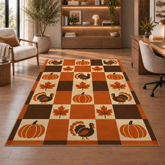 Retro Checkered Thanksgiving Rug in a home office with wooden shelves