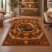 Autumn Wreath Turkey Rug in a home office with wooden shelves