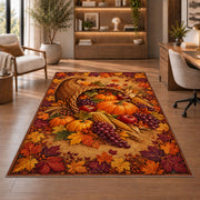 Cornucopia Harvest Rug in a home office with wooden shelves