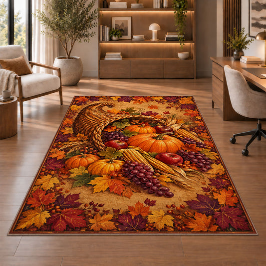 Cornucopia Harvest Rug in a home office with wooden shelves