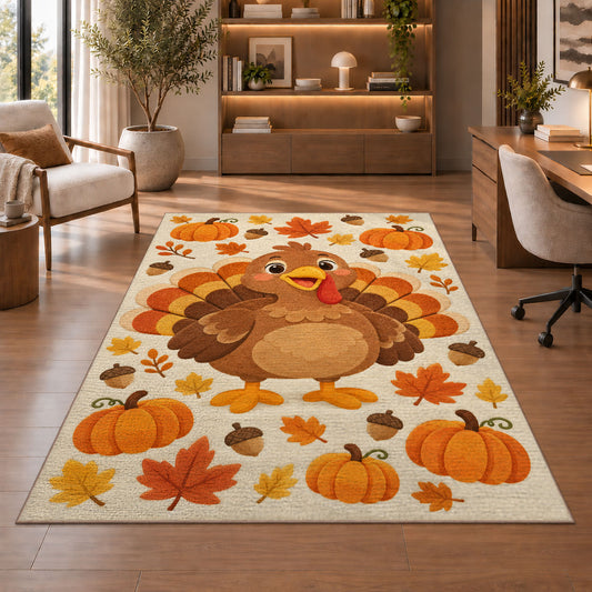 Cute Turkey Kids Rug in a home office with wooden shelves