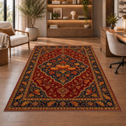 Persian Style Pumpkin Rug in a home office with wooden shelves