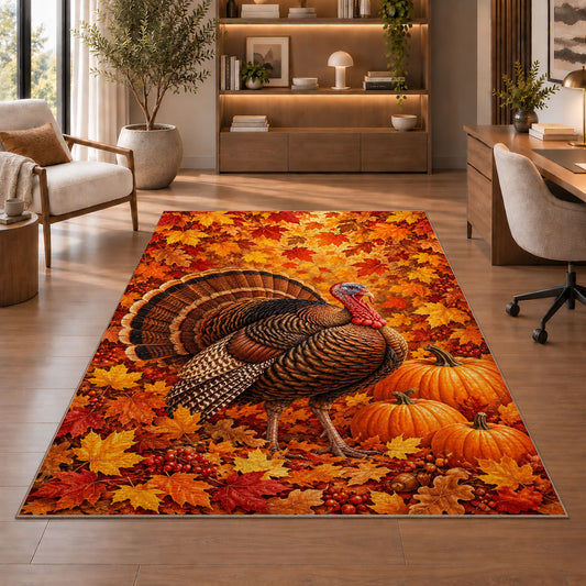 Turkey in Fall Leaves Rug in a home office with wooden shelves