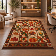 Thanksgiving Patchwork Rug in a home office with wooden shelves