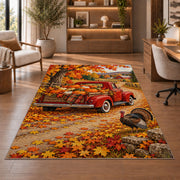 Red Vintage Truck Pumpkin Rug in a home office with wooden shelves
