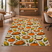 Thanksgiving Food Pattern Rug in a home office with wooden shelves