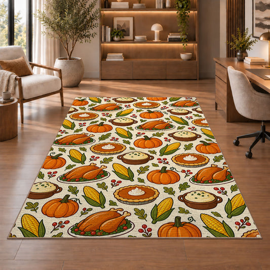 Thanksgiving Food Pattern Rug in a home office with wooden shelves