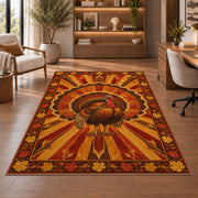Turkey Sunburst Rug in a home office with wooden shelves